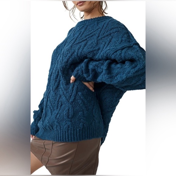 EUC Free People Isla Cable Knit Sweater in Varsity Navy - Picture 3 of 8